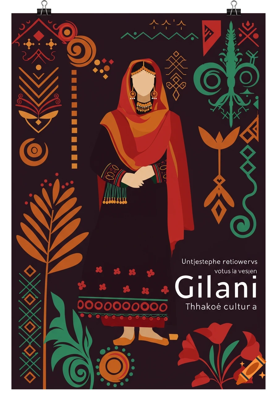 Vector graphic poster of a figure in traditional Gilani dress surrounded by abstract geometric patterns on a dark background.