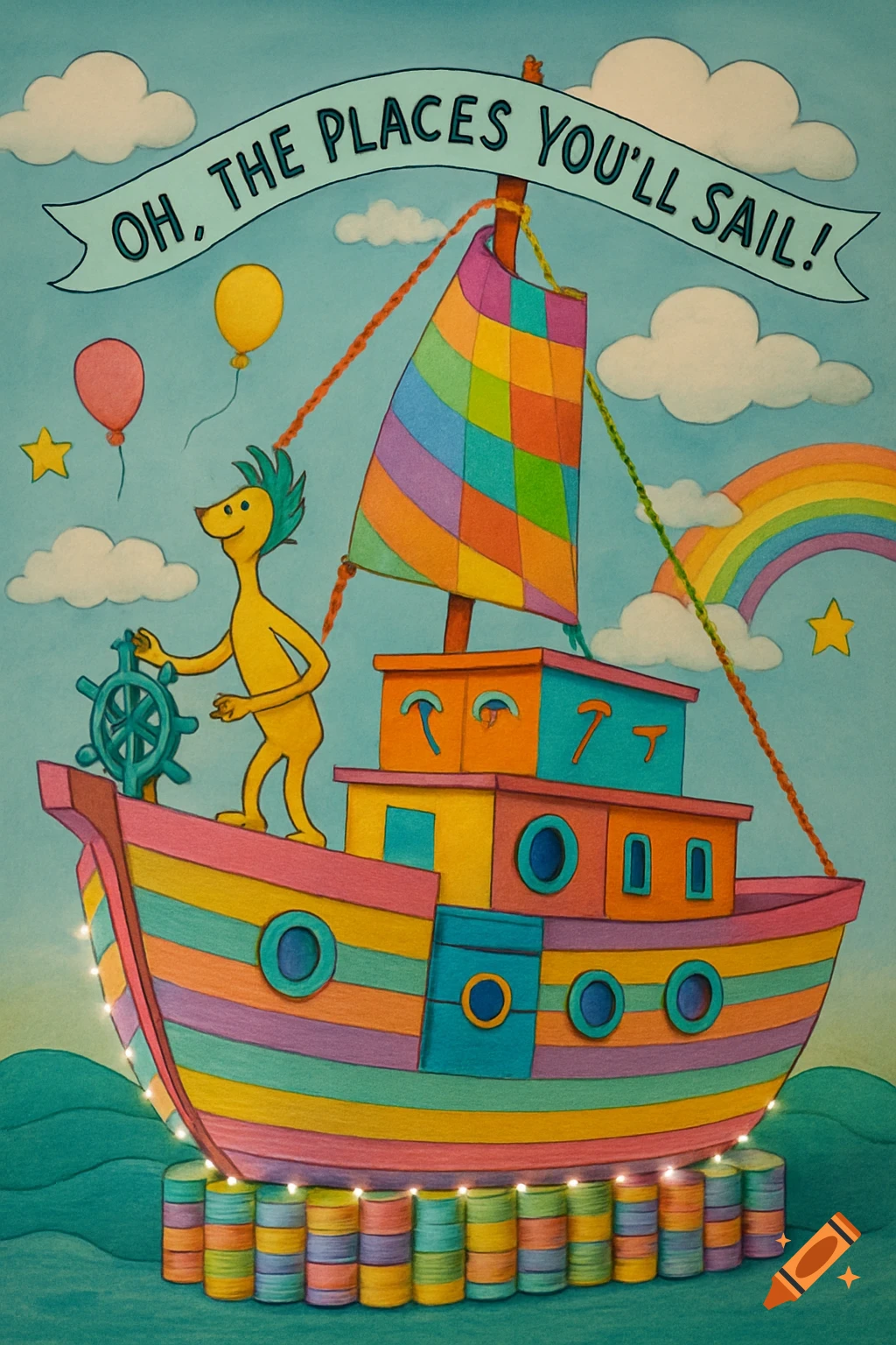 A colorful, whimsical boat sails with a character at the helm, a banner reads 'Oh, the Places You'll Sail!' in a Dr. Seuss style.