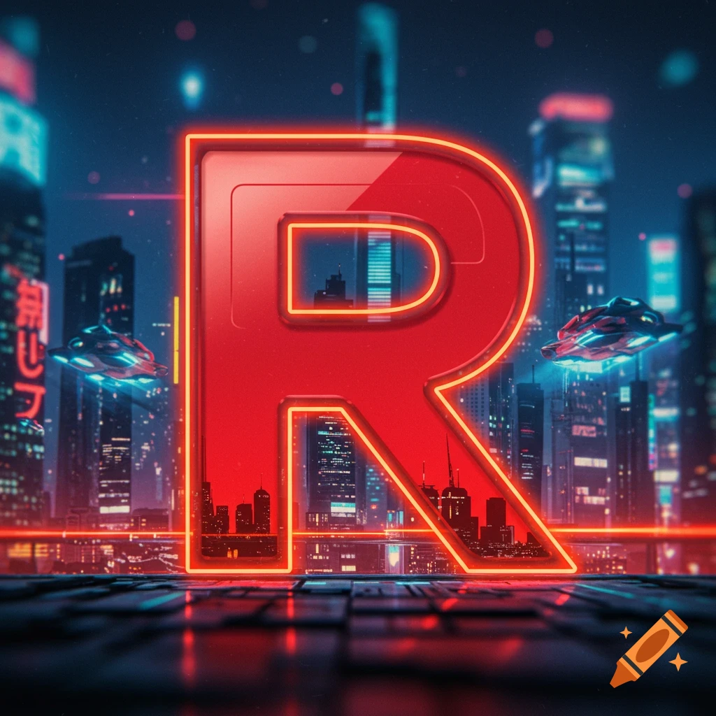 A stylized red letter R with neon outline against a cyberpunk cityscape at night with flying vehicles.