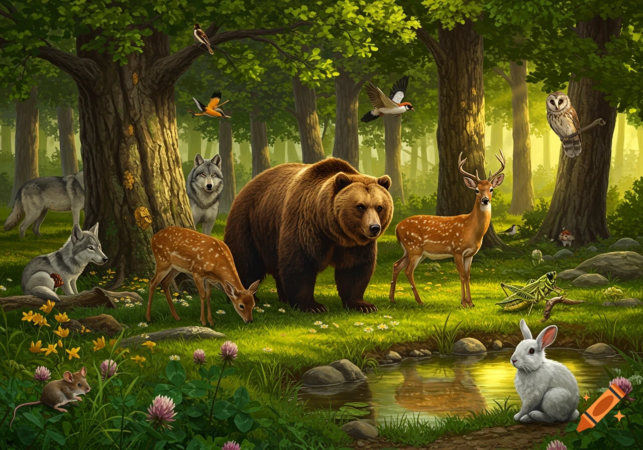 A bear, deer, wolves, rabbit, mouse, and birds gathered by a pond in a sunny forest.