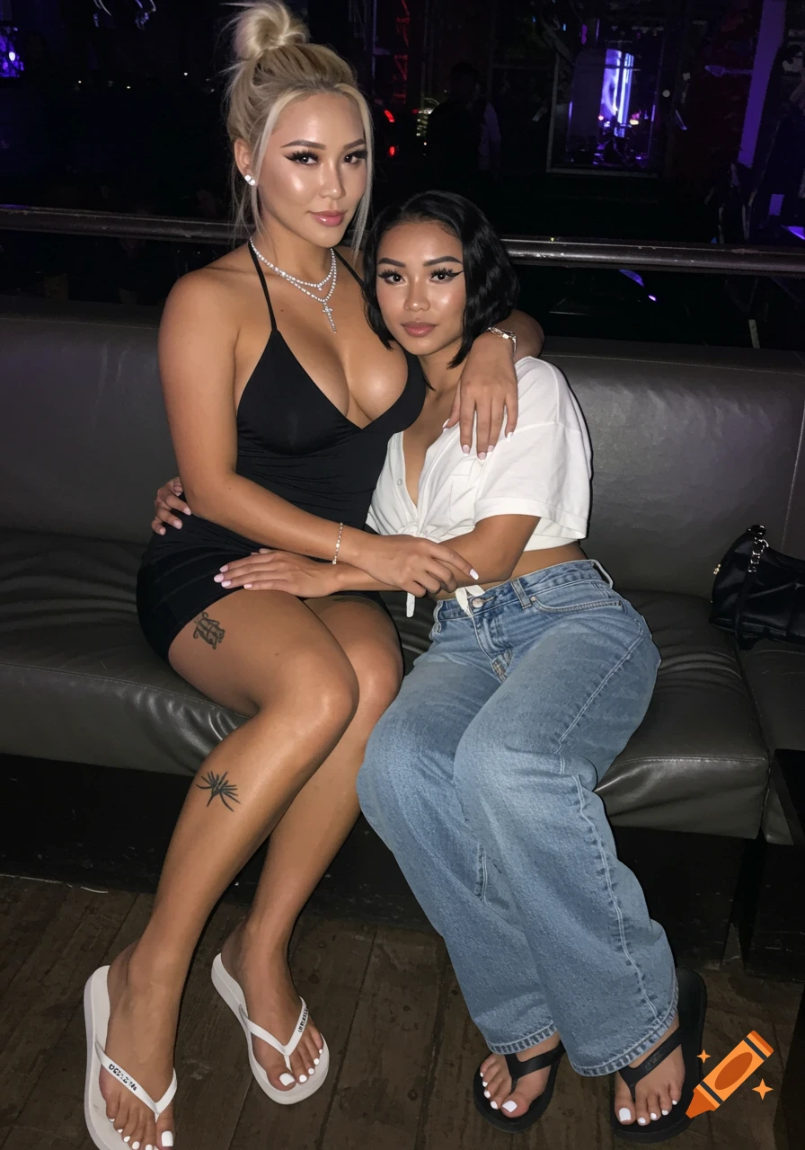 Two women sit closely on a dark couch in a dimly lit setting, one in a black dress, the other in jeans and a white top.
