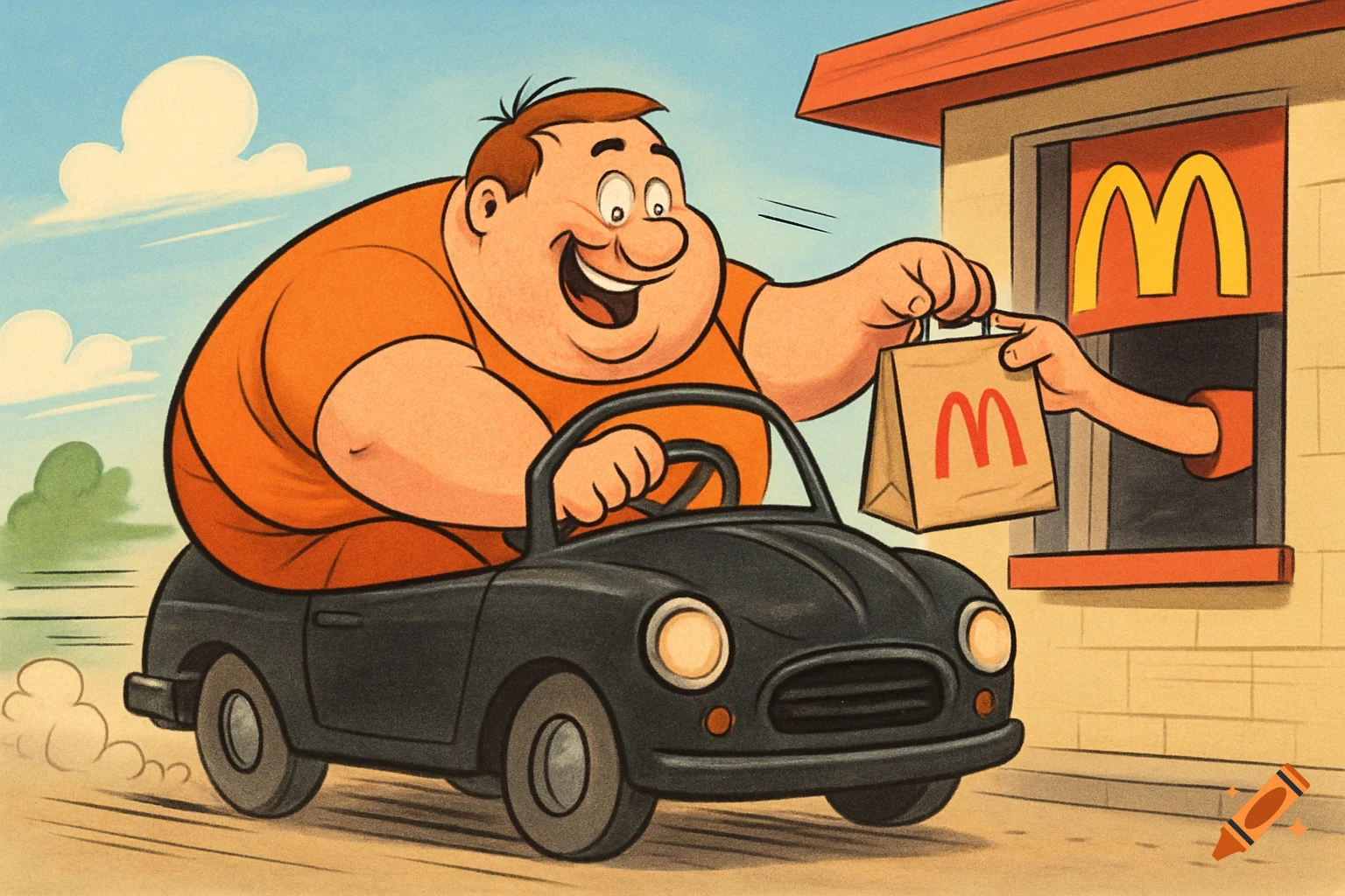 Cartoon of a large man in a small car getting a bag of food from a drive-thru.
