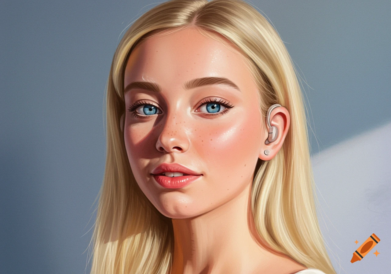 A young blonde woman with blue eyes wears a hearing aid.