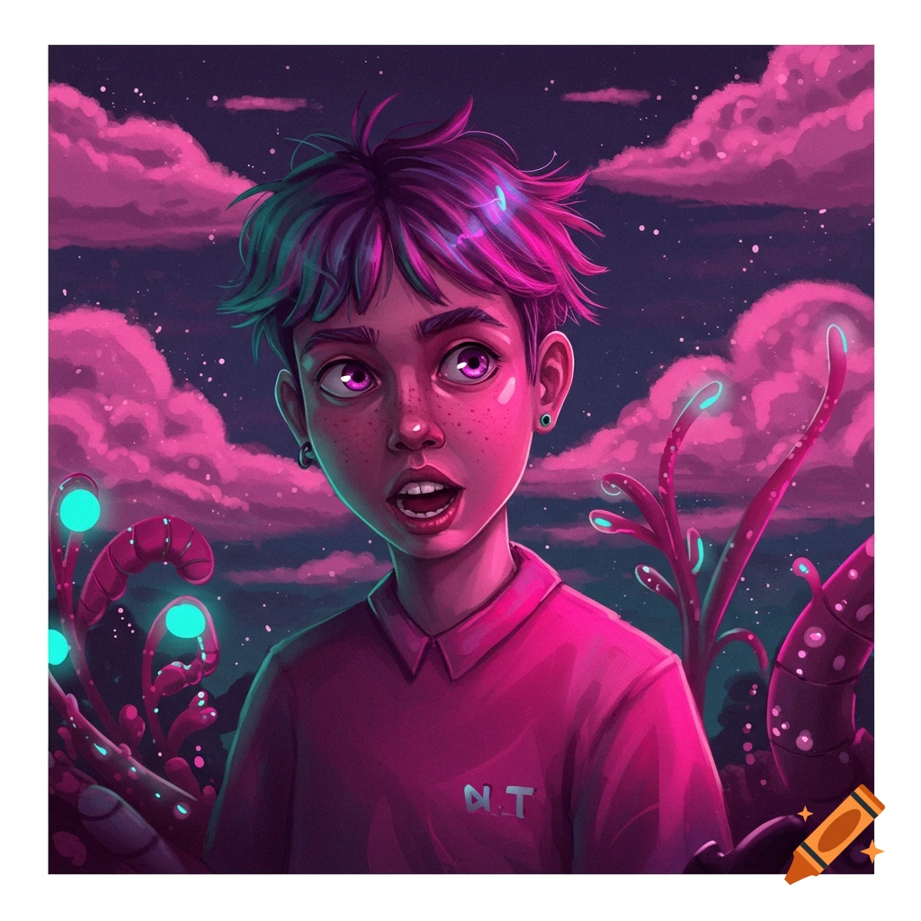 Stylized portrait of a person in a pink alien landscape with glowing plants.