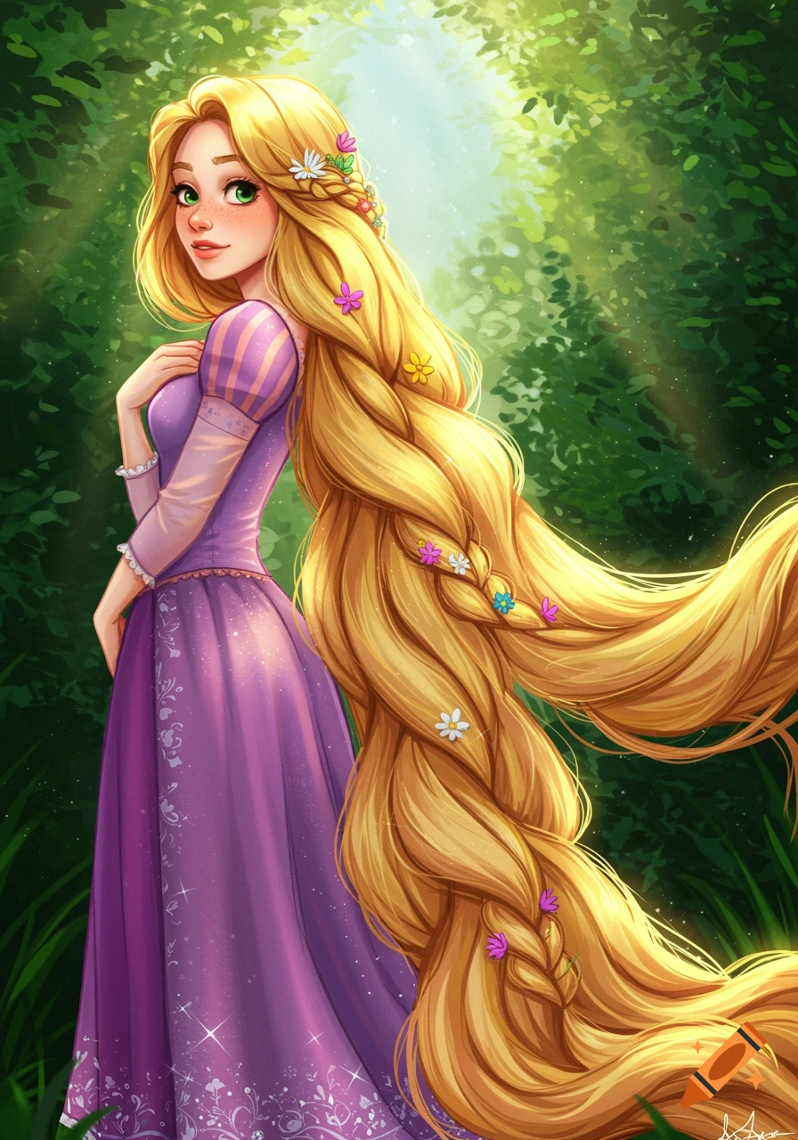 A woman resembling Rapunzel with long golden hair and flowers in a purple dress, standing in a sunlit forest.