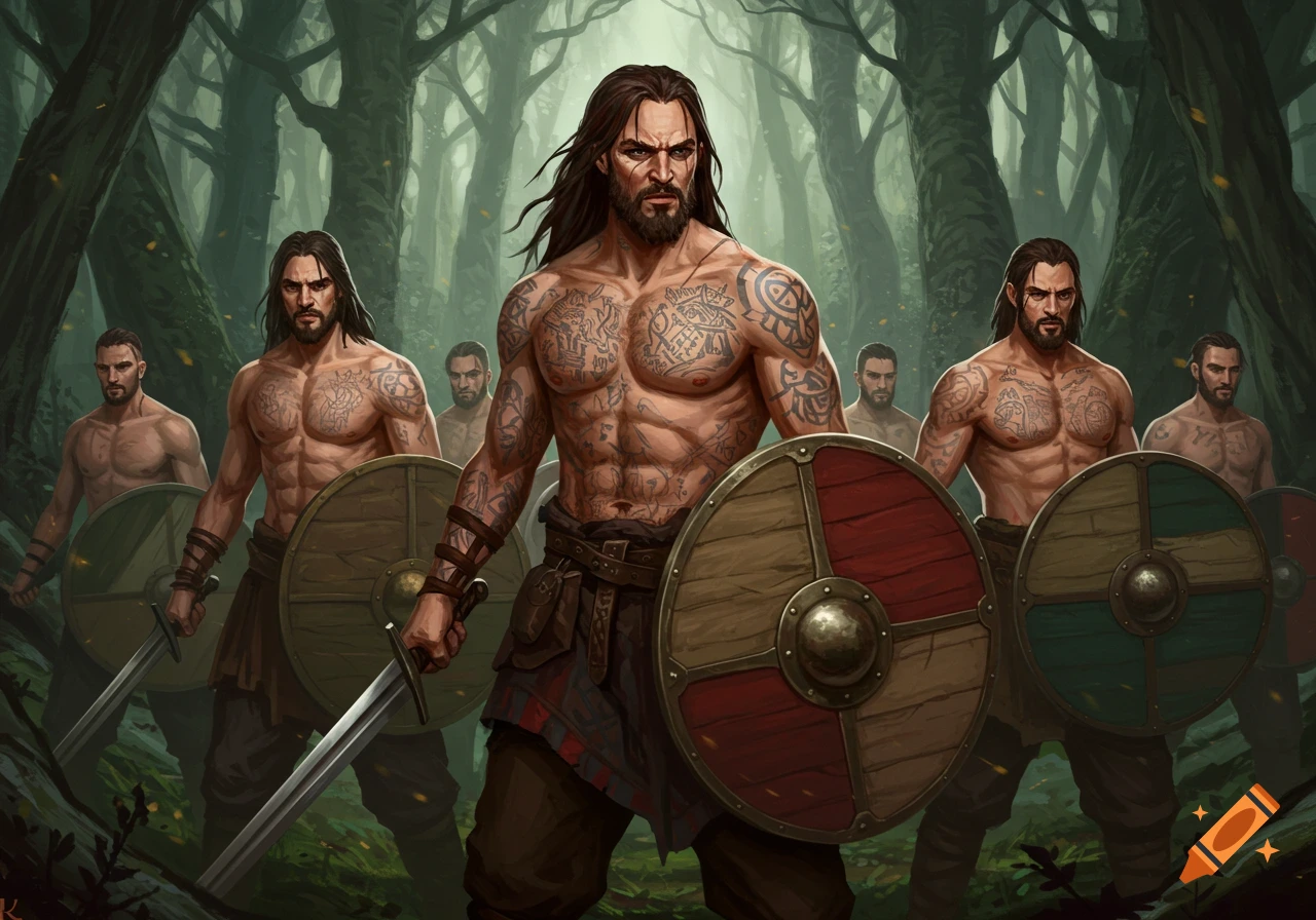 Tattooed Anglo-Saxon warriors with shields and swords in a forest.