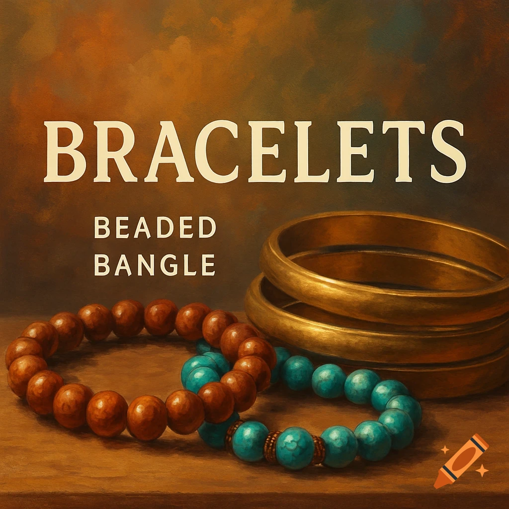 An image featuring beaded bracelets, bangles, and the text BRACELETS BEADED BANGLE.