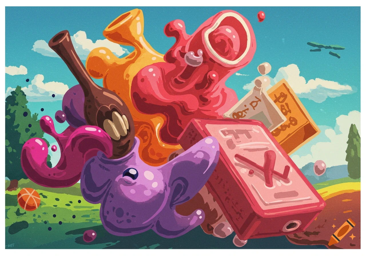 A colorful, stylized image of a purple creature, abstract blobs, a bottle, and objects with illegible text floating in a landscape.
