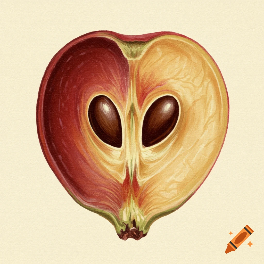 Heart-shaped cross-section of a fruit with two large seeds