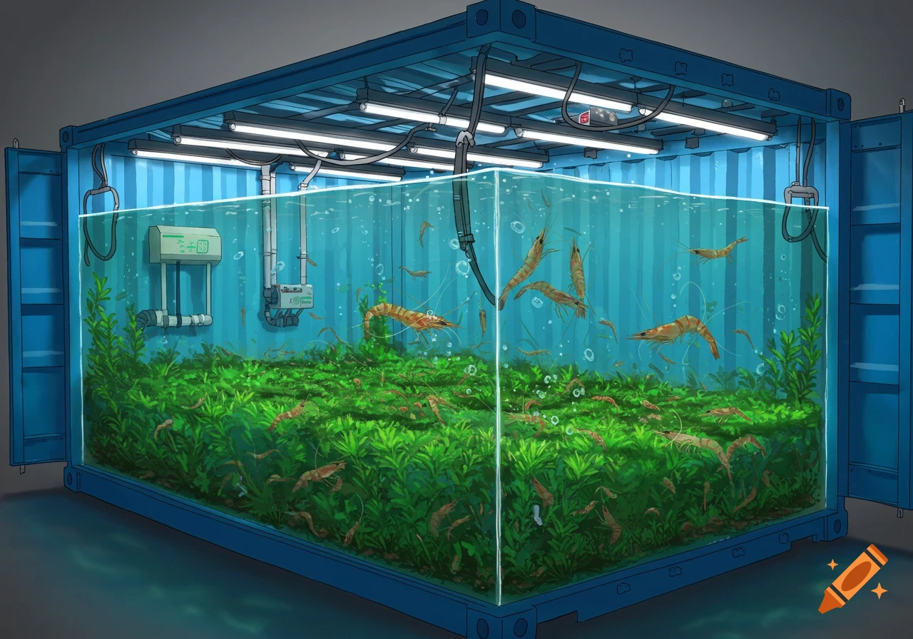 A shipping container converted into a large indoor shrimp farm aquarium.