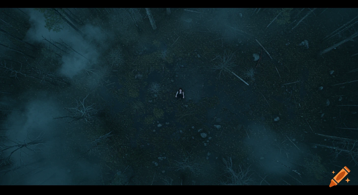 Aerial view of a person looking up from a dark, foggy forest floor