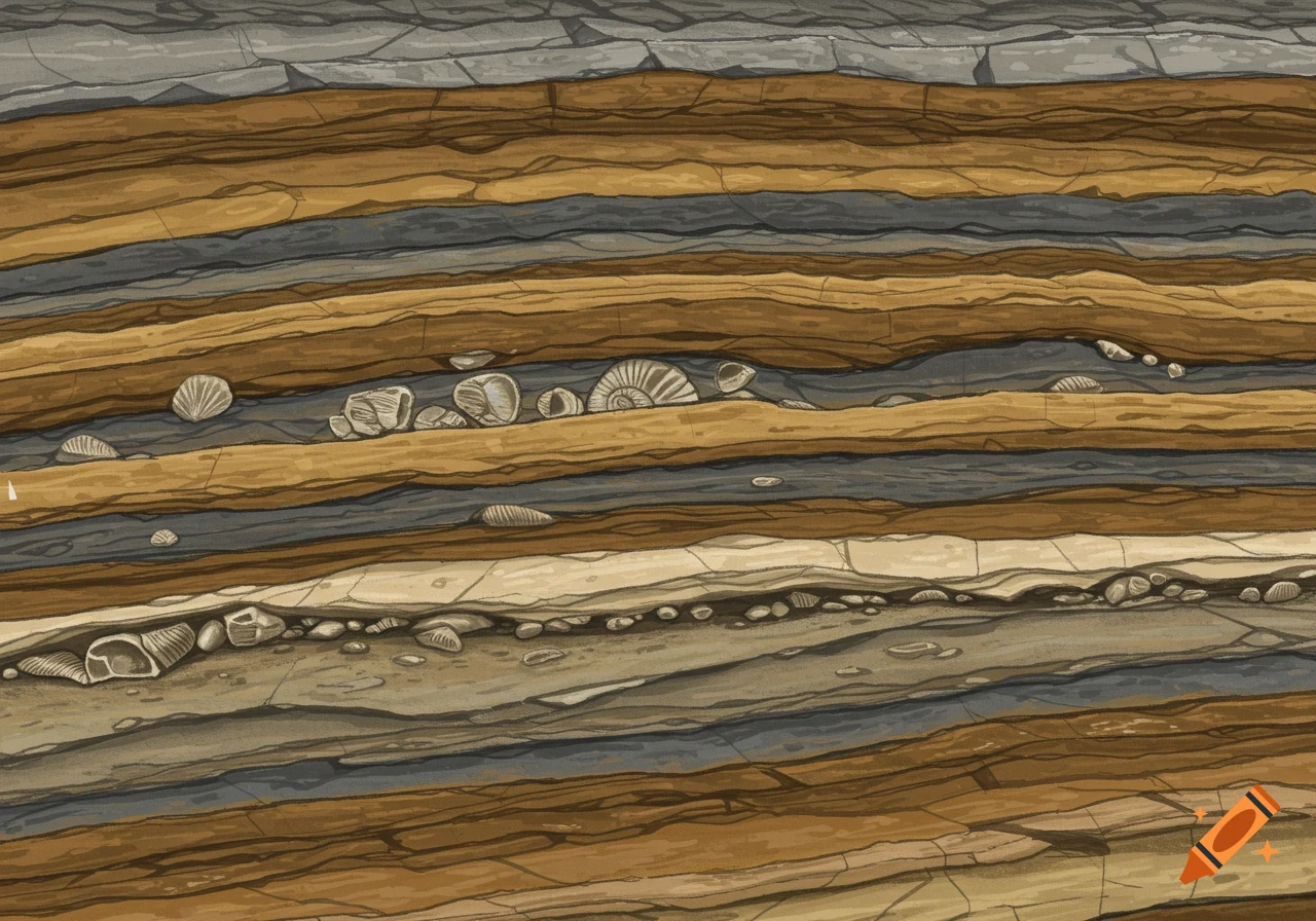 Layers of sedimentary rock and fossils.