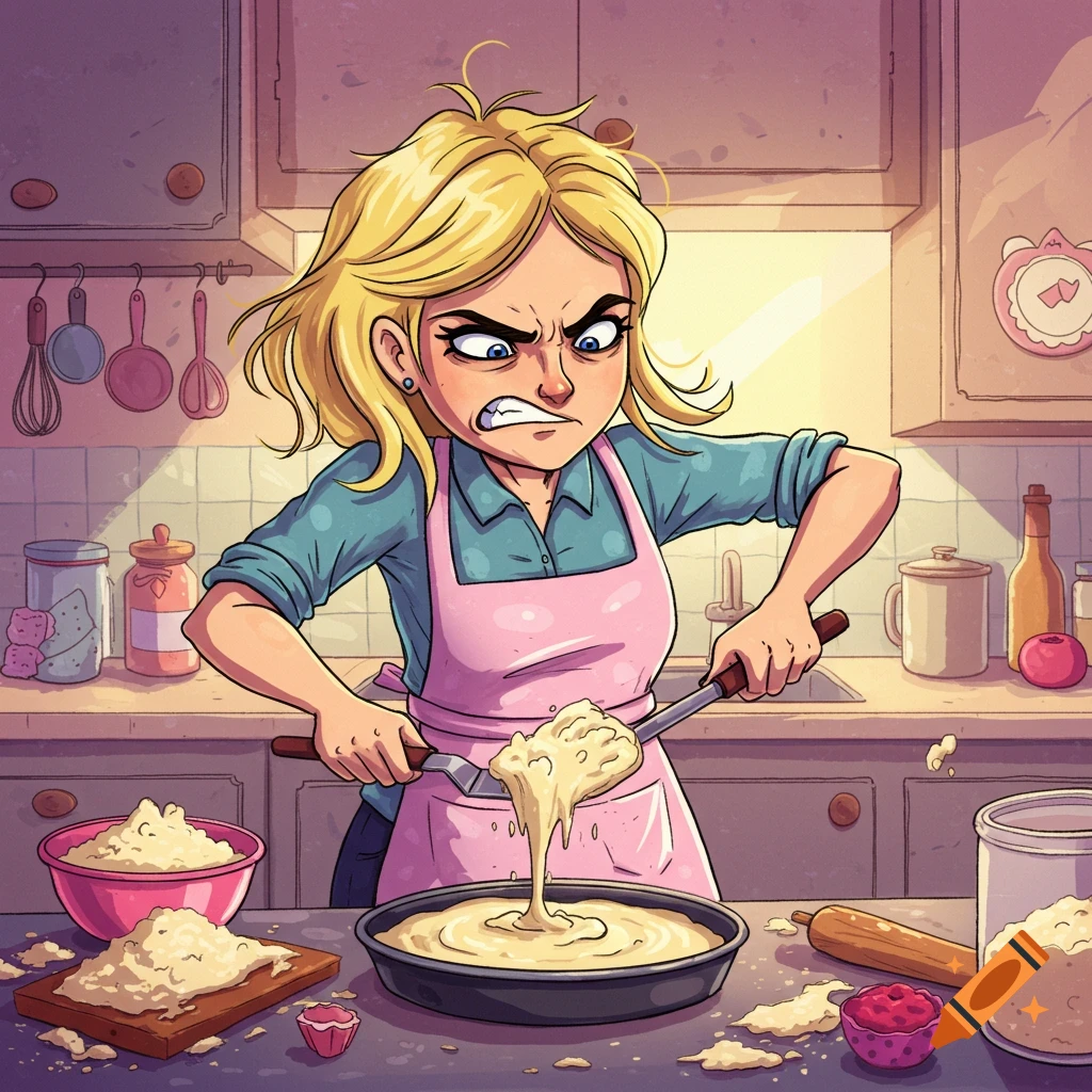 Cartoon style illustration of an angry woman stirring cake batter in a messy kitchen.