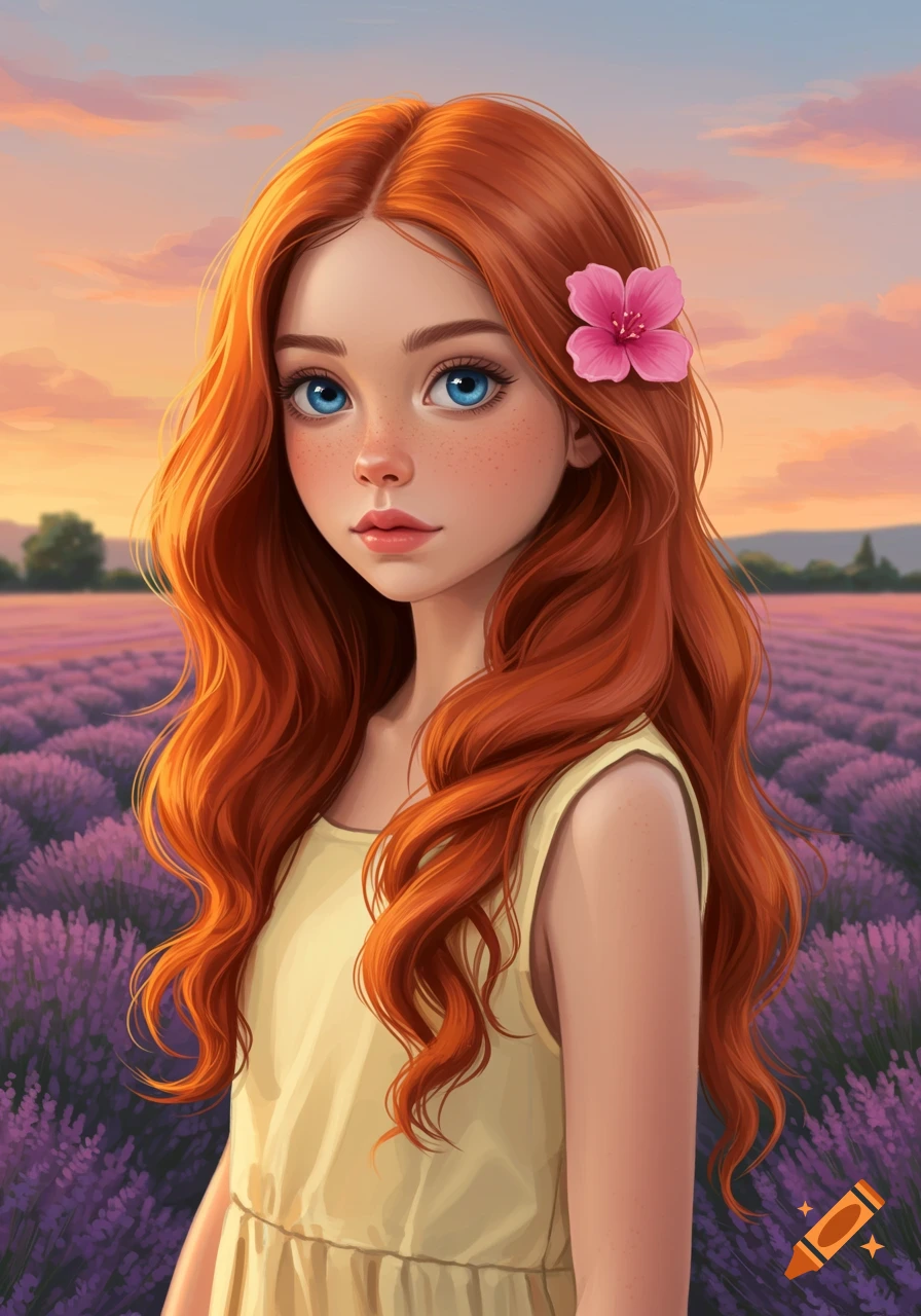 Girl with red hair in lavender field at sunset
