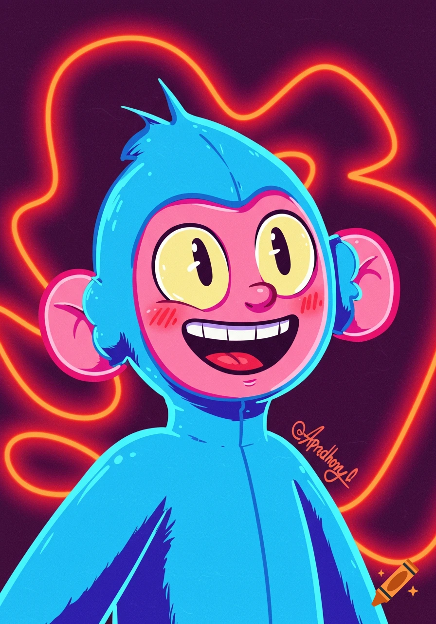 A cheerful cartoon monkey in a blue suit with an orange neon line background