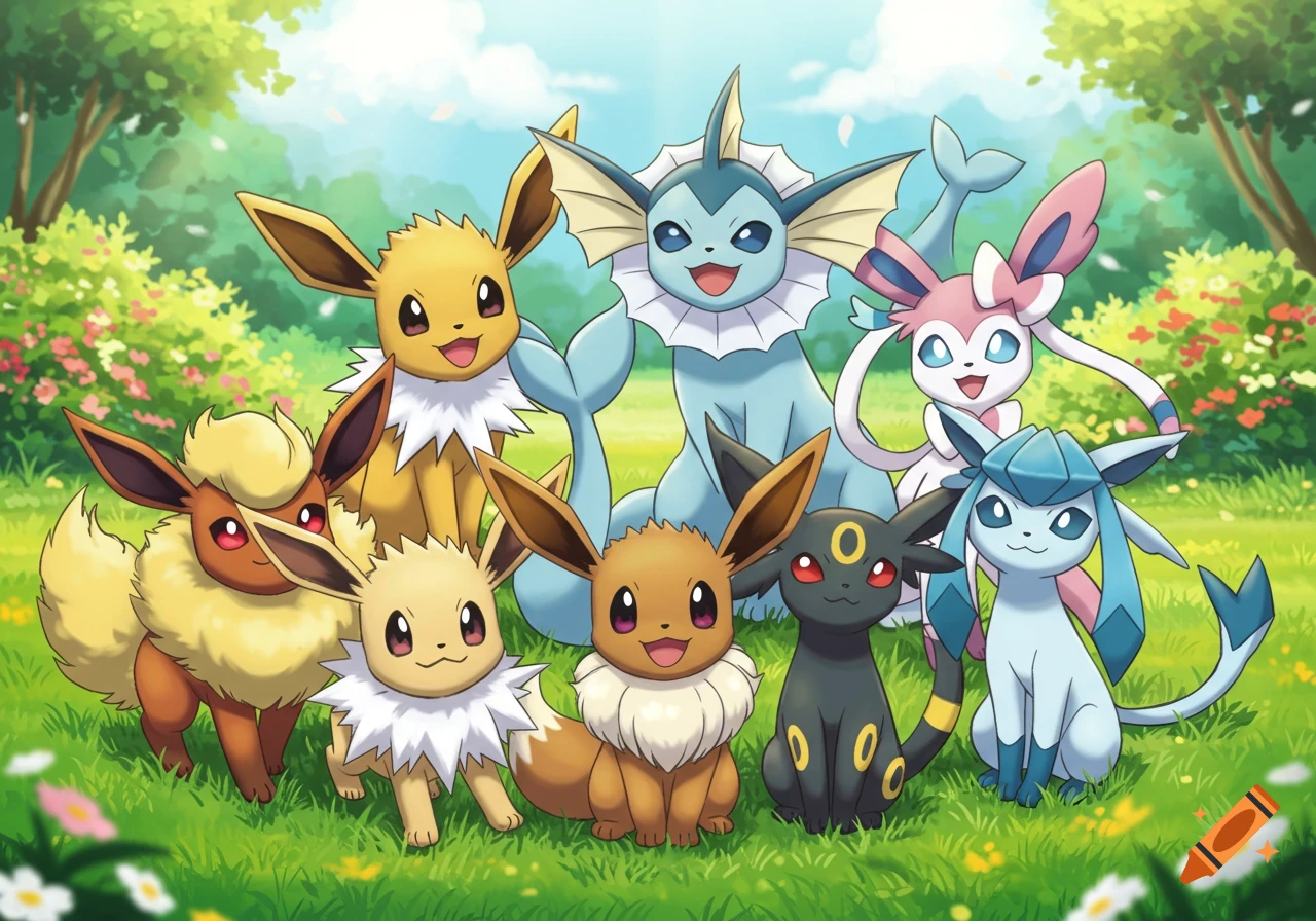 Eevee and its evolutions pose together in a grassy field.