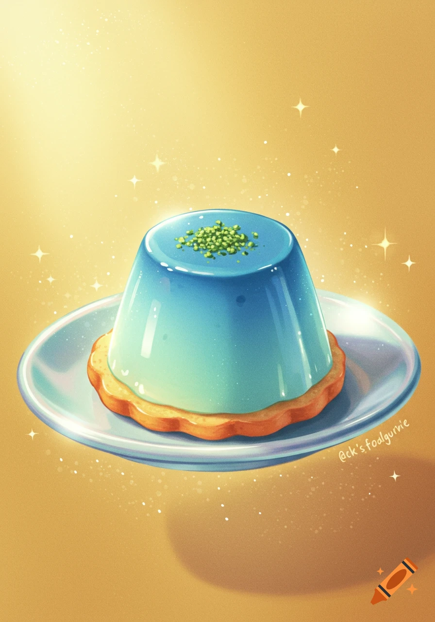 Blue dessert on a cookie base with green sprinkles and sparkles.