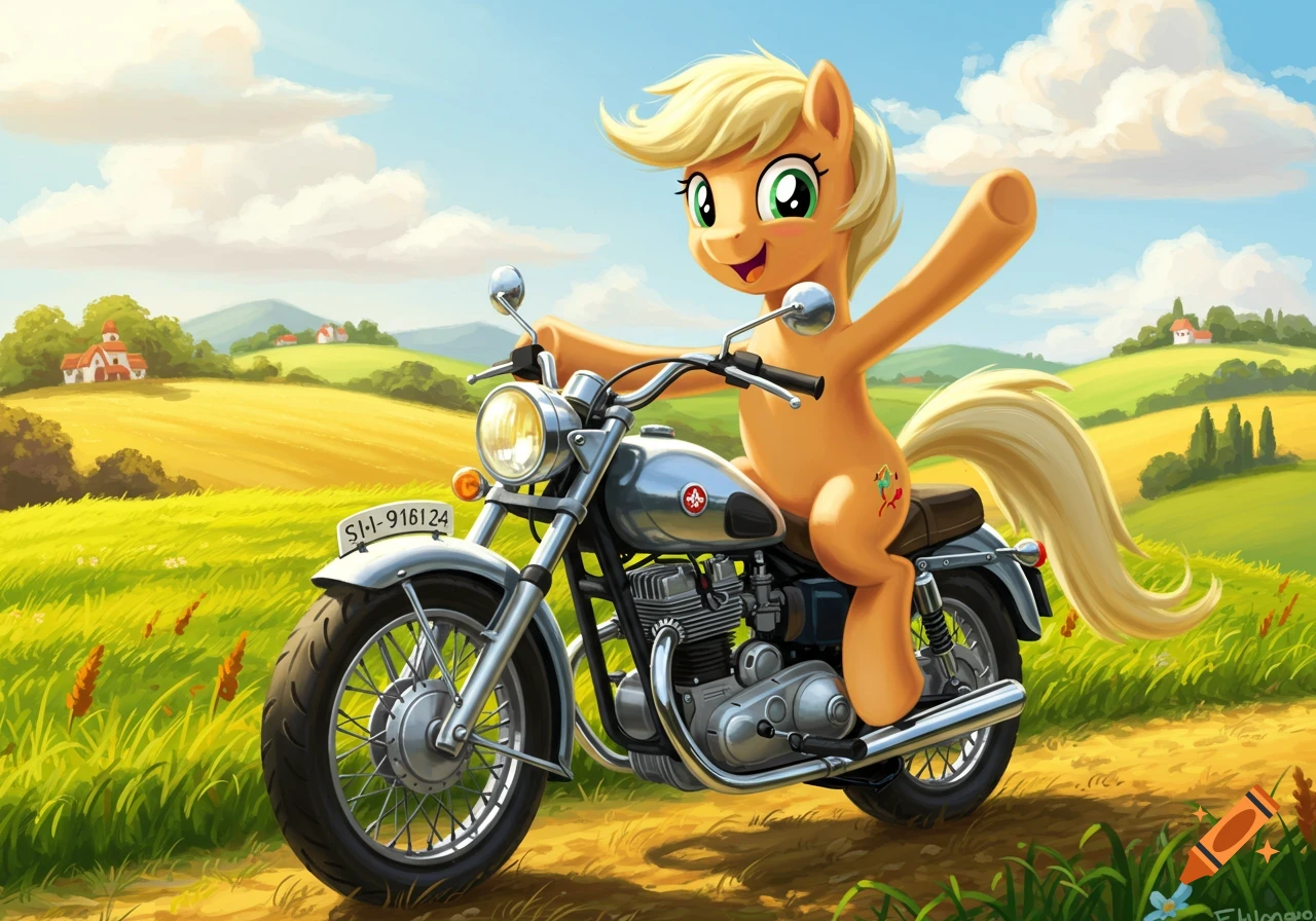 A cartoon pony riding a motorcycle on a dirt road.