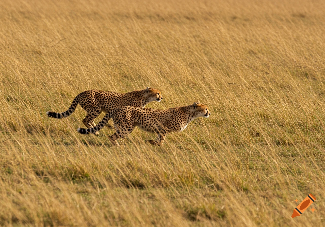 Two cheetahs running through tall grass.