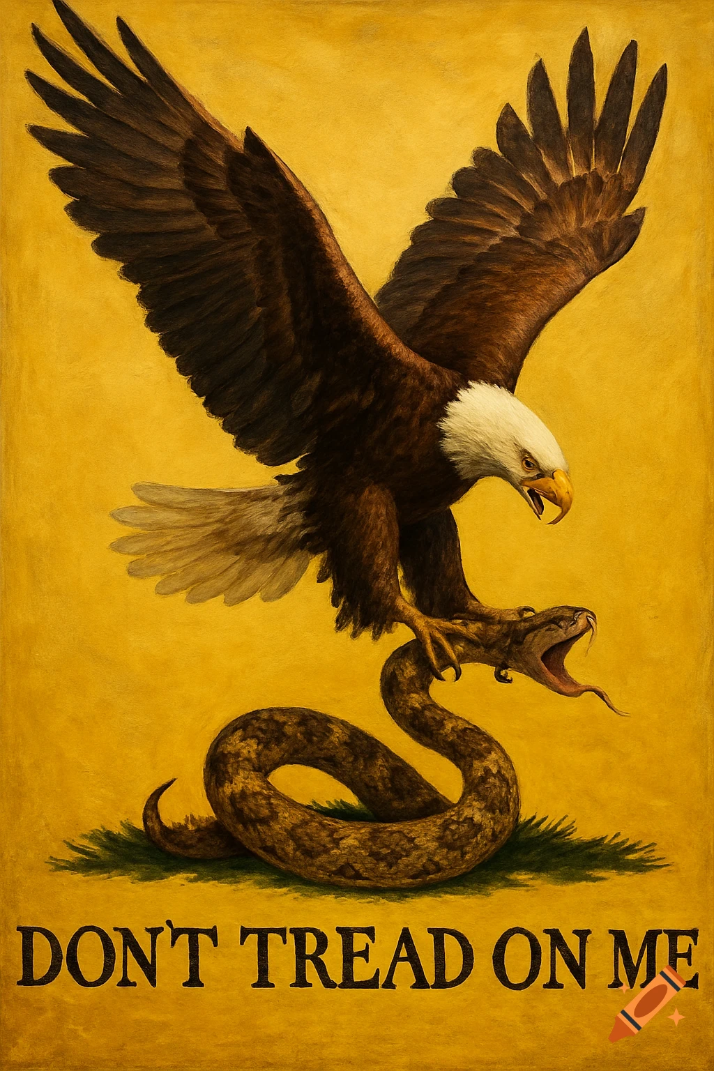 A bald eagle flying down and grabbing a rattlesnake with the text 'DON'T TREAD ON ME'.