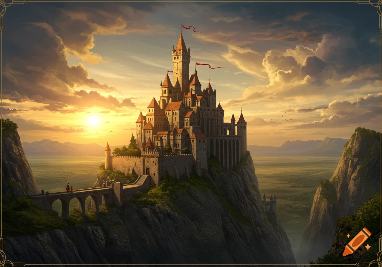 A fantasy castle sits on a cliff at sunset with a bridge leading to it.