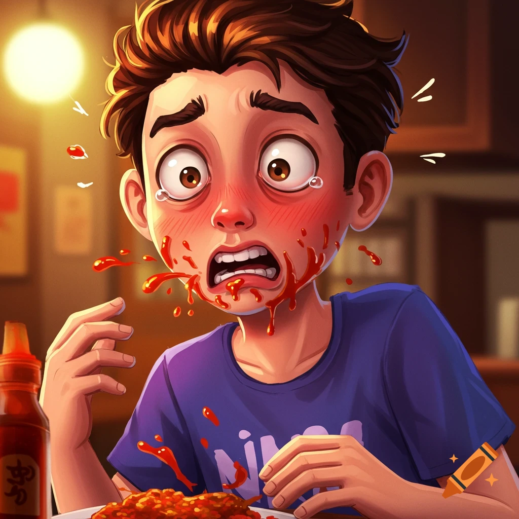 Cartoon character with sauce splattered on face reacts intensely to spicy food.