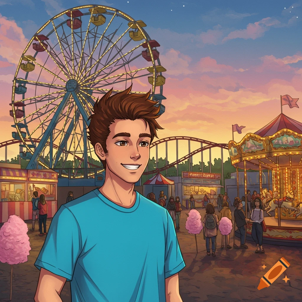 Picture of a boy smiling at an amusement park with a ferris wheel and carousel.