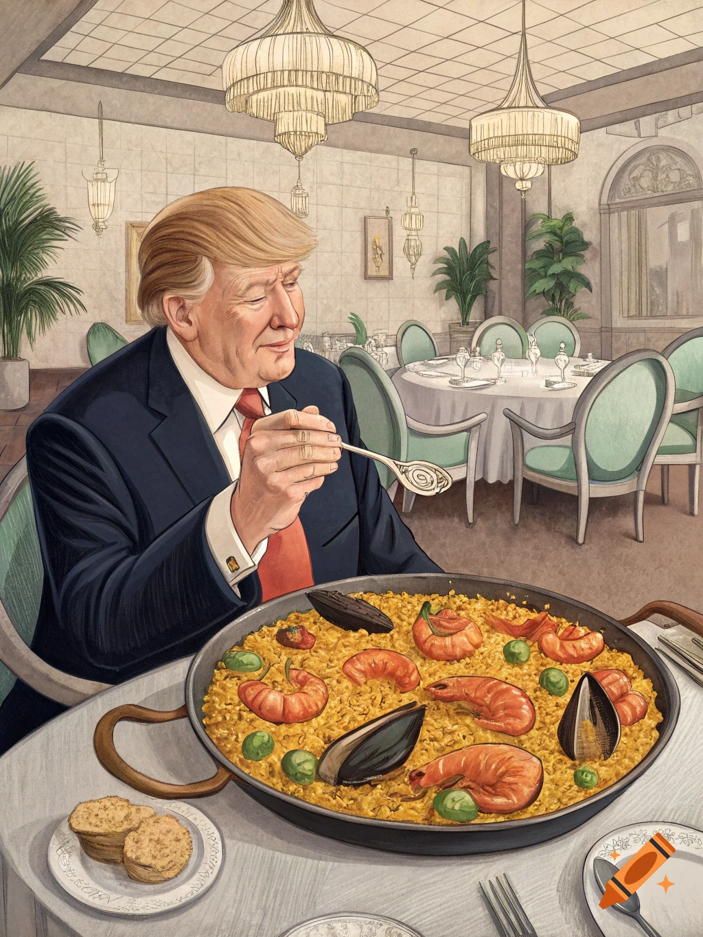 Illustration of Donald Trump eating a large pan of paella in a restaurant.