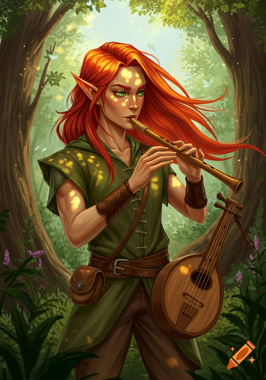 A red-haired wood elf plays a flute in a sunny forest.