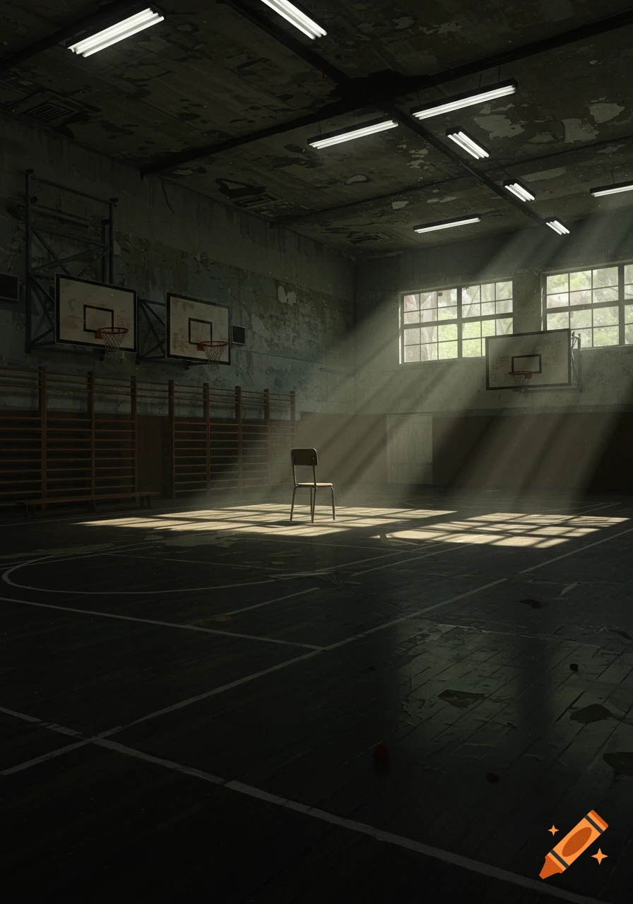 Abandoned gym interior with sunlight shafts illuminating a chair.
