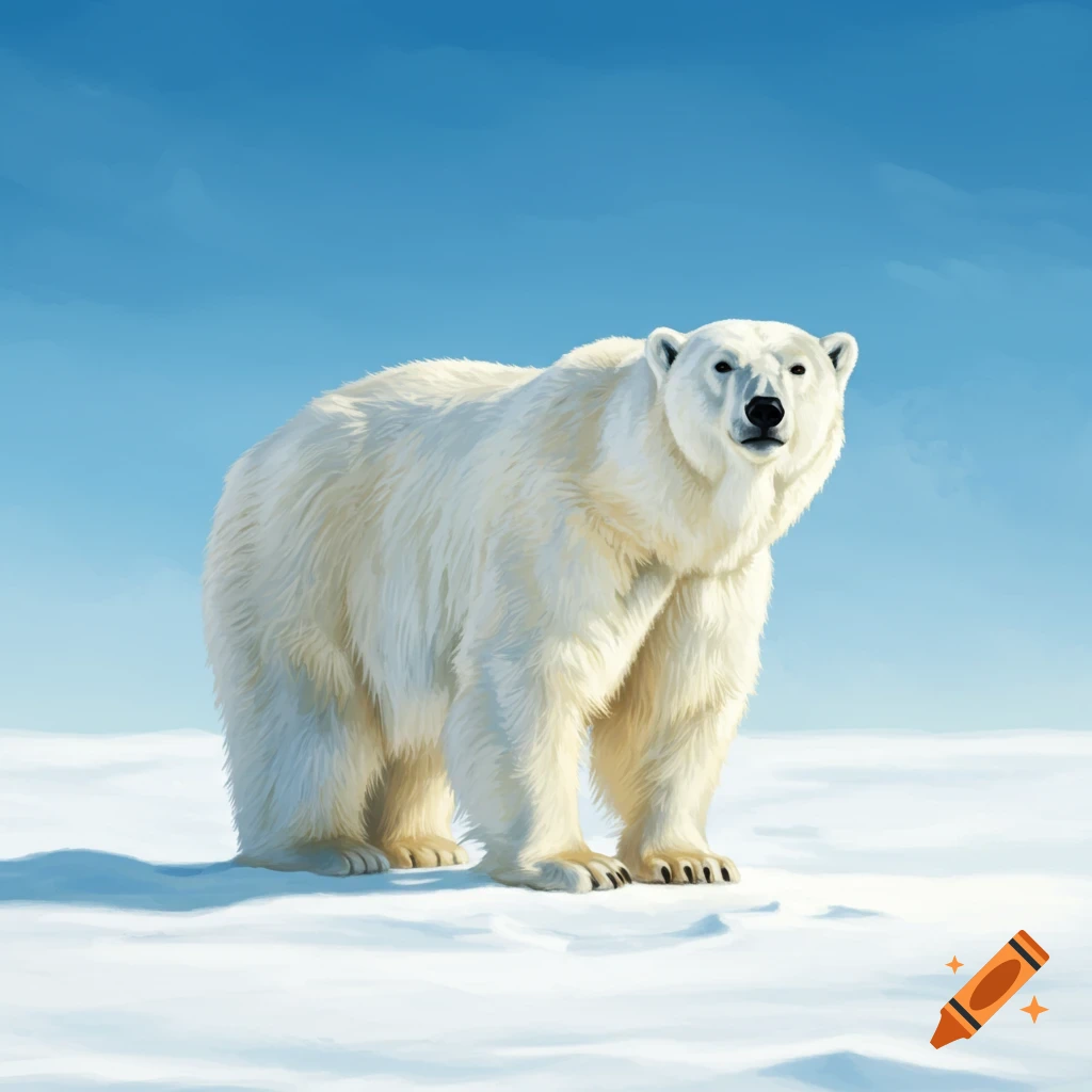 A polar bear stands on snow under a blue sky.