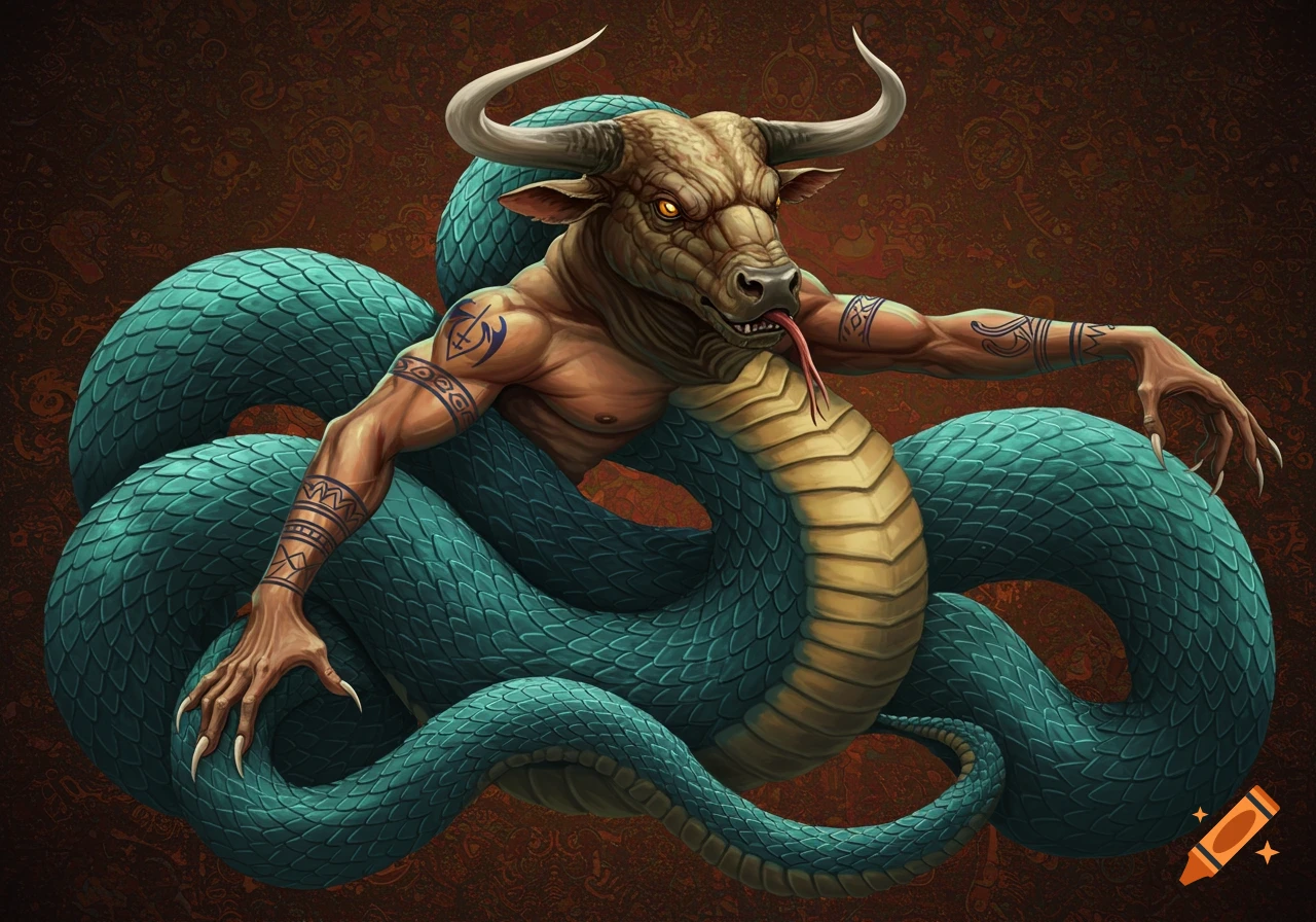 A creature with a bull's head, human torso and arms with tattoos, and a coiled snake body.