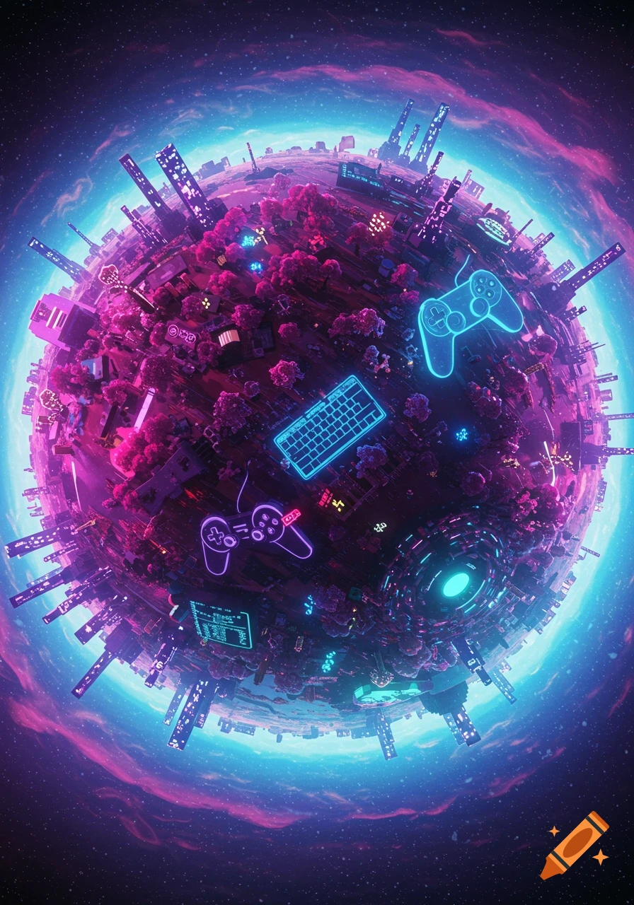 A planet covered in neon lights, futuristic buildings, keyboards, and game controllers floating in space.