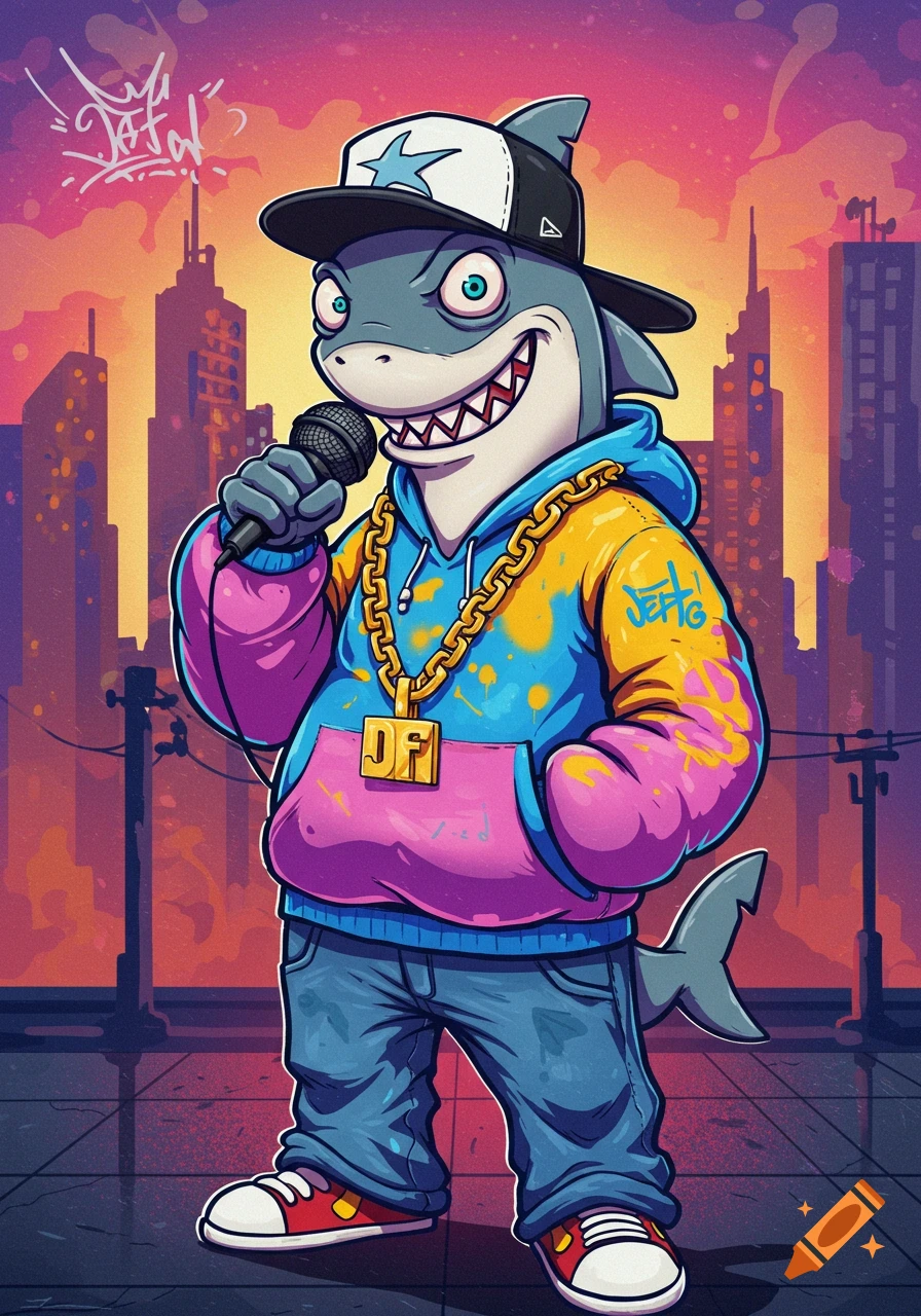 A cartoon shark rapper in a hoodie and cap holds a microphone against an urban background.