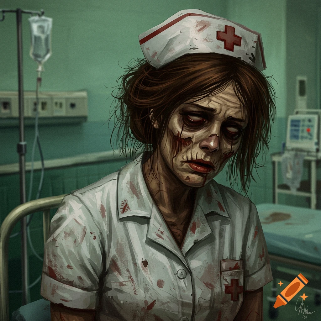 A zombified nurse is covered in blood in a hospital room.