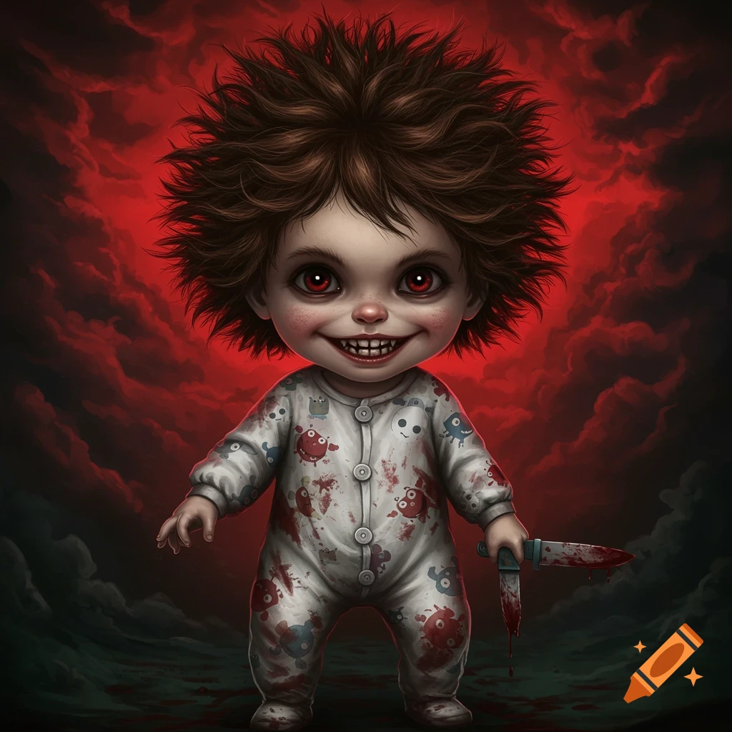 Creepy child in blood-stained onesie holds knife in dark, cloudy scene.
