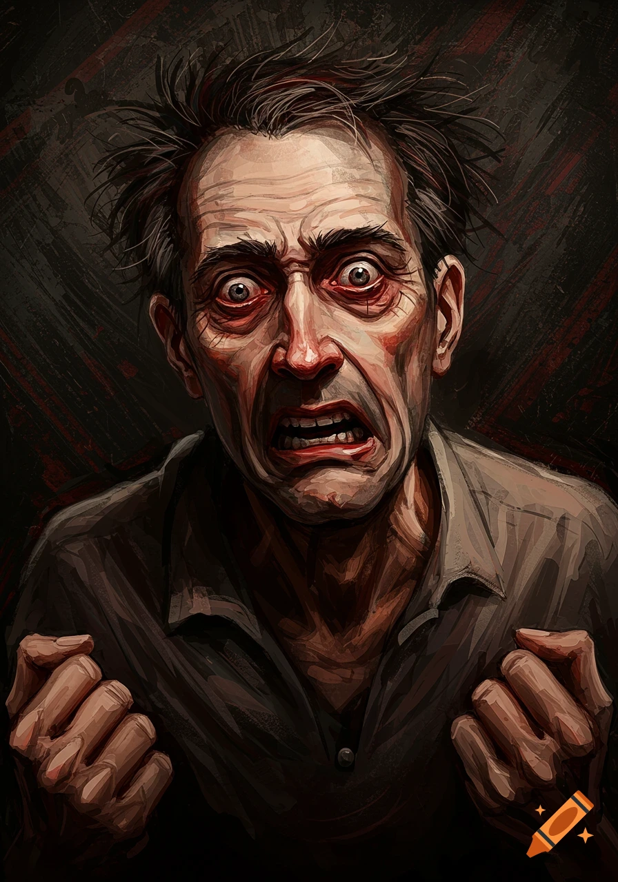 Image of a man screaming with wide eyes and clenched fists.