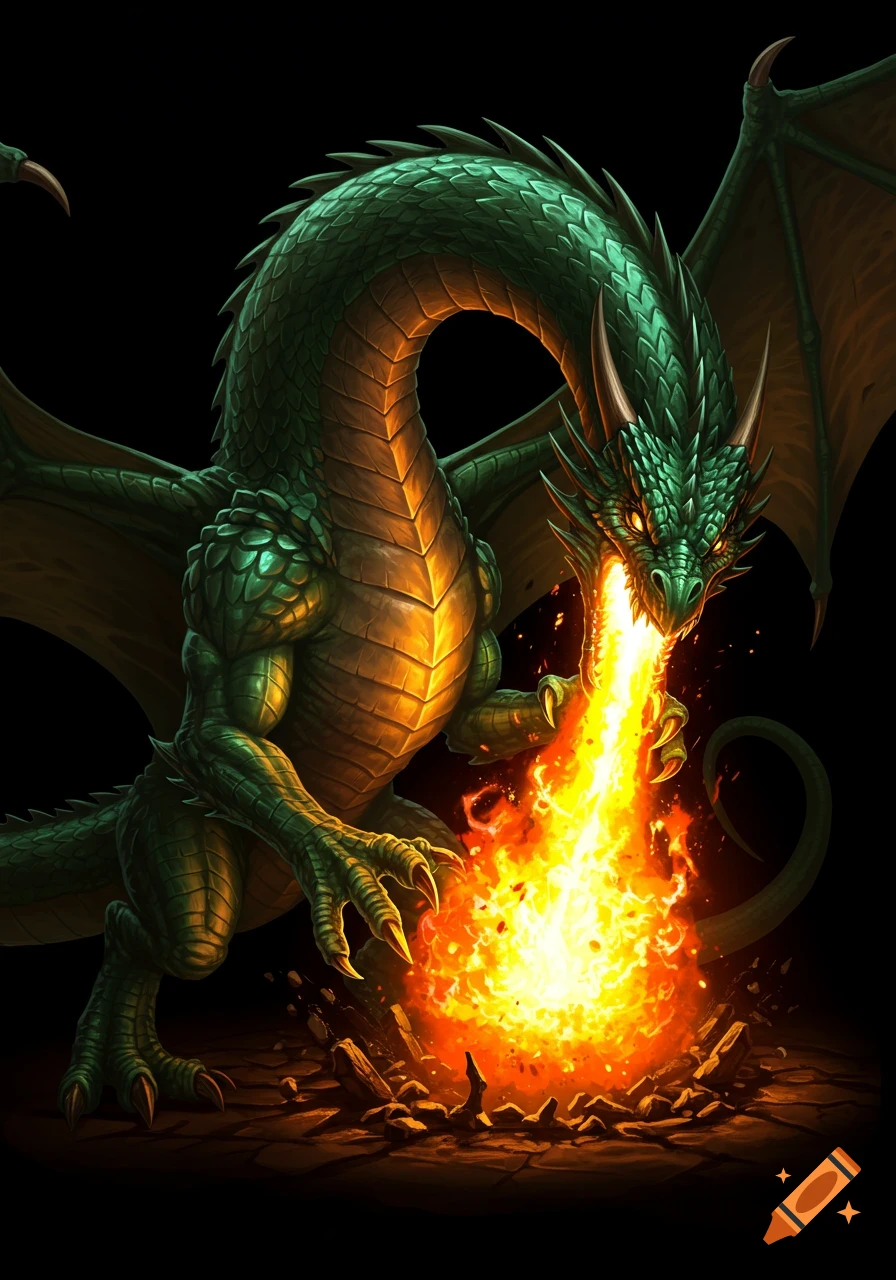 A green dragon breathing fire onto the ground.