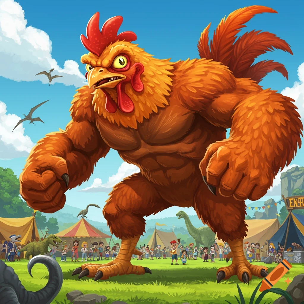 Giant cartoon chicken monster stands over a dinosaur festival crowd.