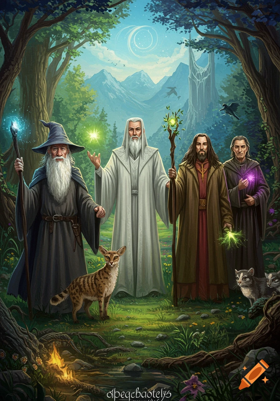 Four wizards and cats in a fantasy forest clearing with a tower and mountains.