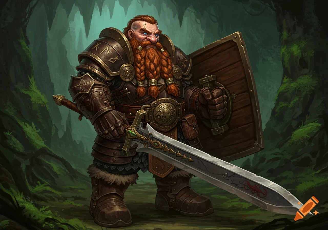 A fantasy dwarf warrior in armor holding a sword and shield in a forest setting.
