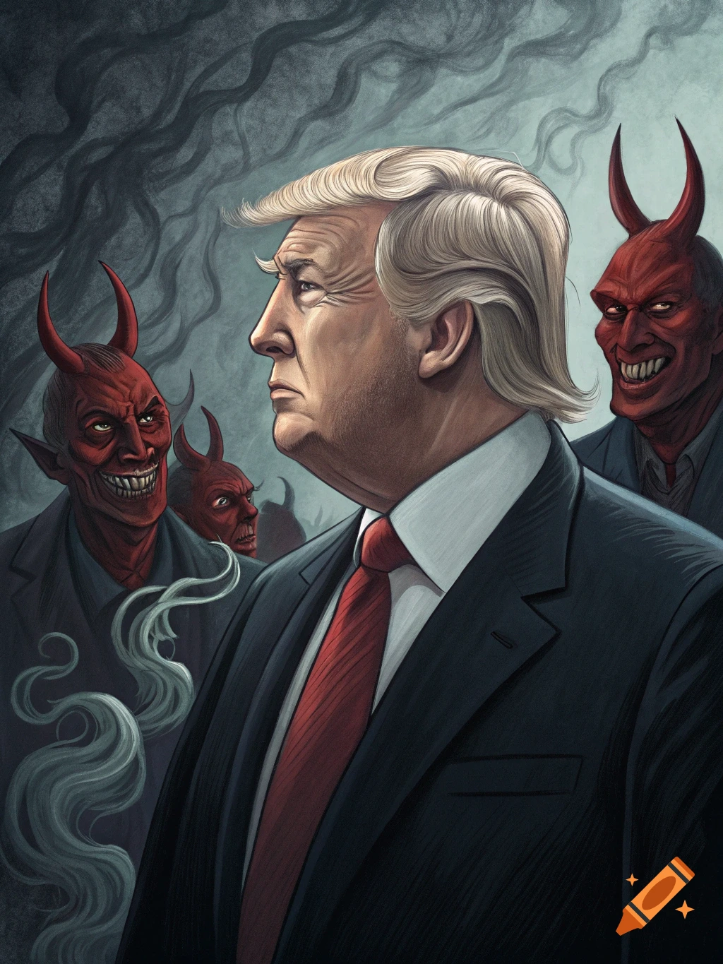 Illustration of Donald Trump with red-skinned devils