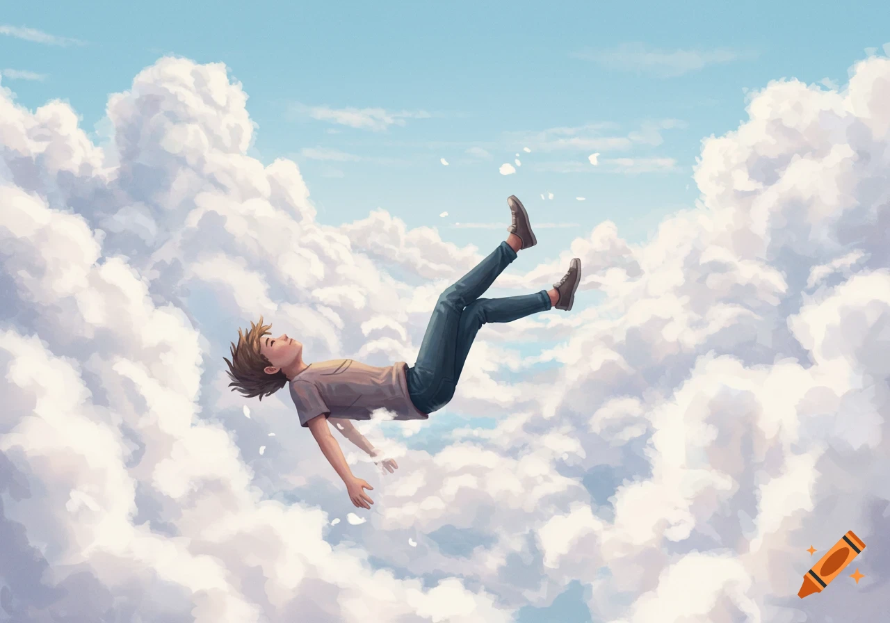 A young person is falling horizontally through clouds, looking up.
