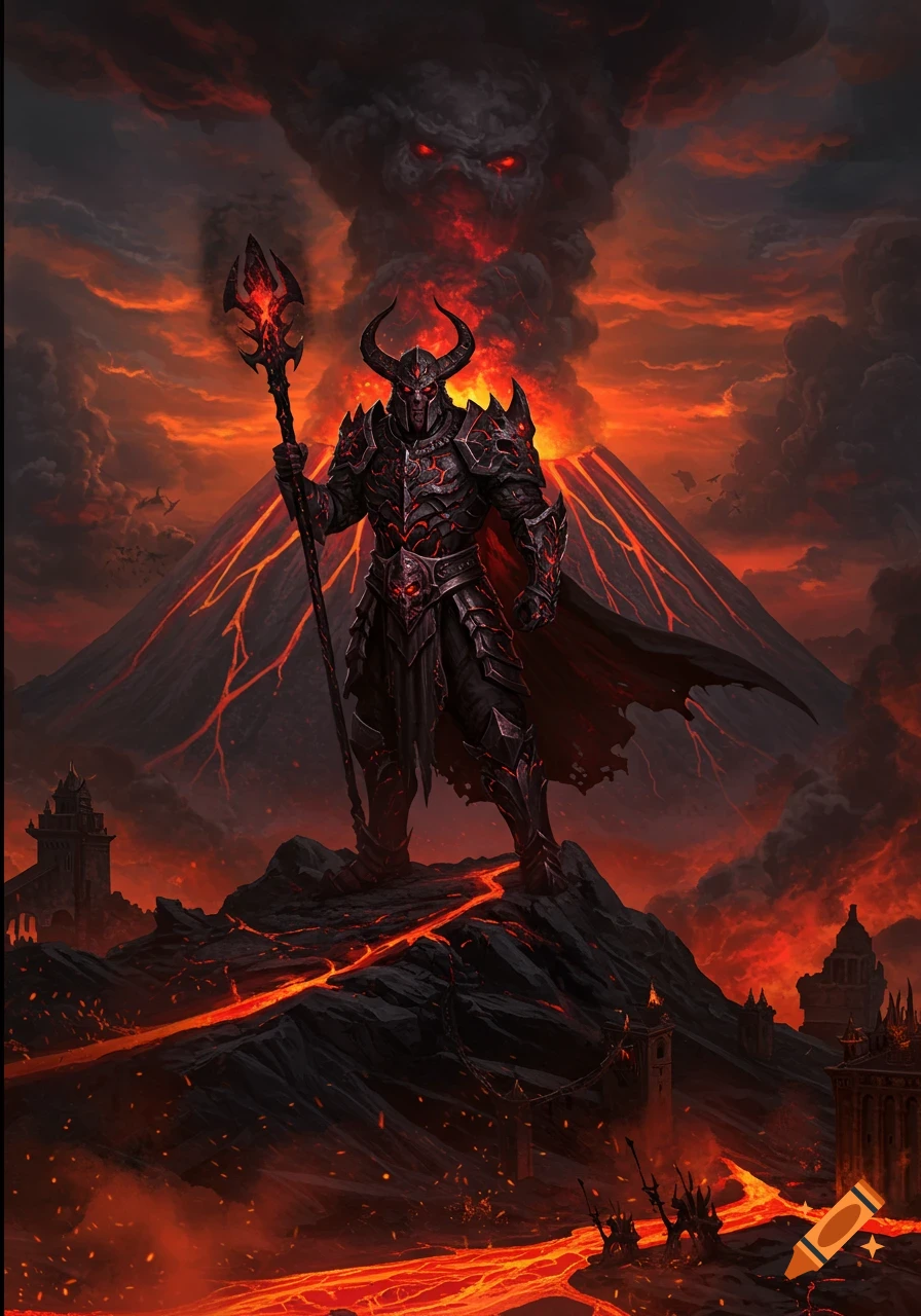 An evil lord in dark armor holding a staff, standing on a volcanic landscape with erupting lava and a skull cloud.