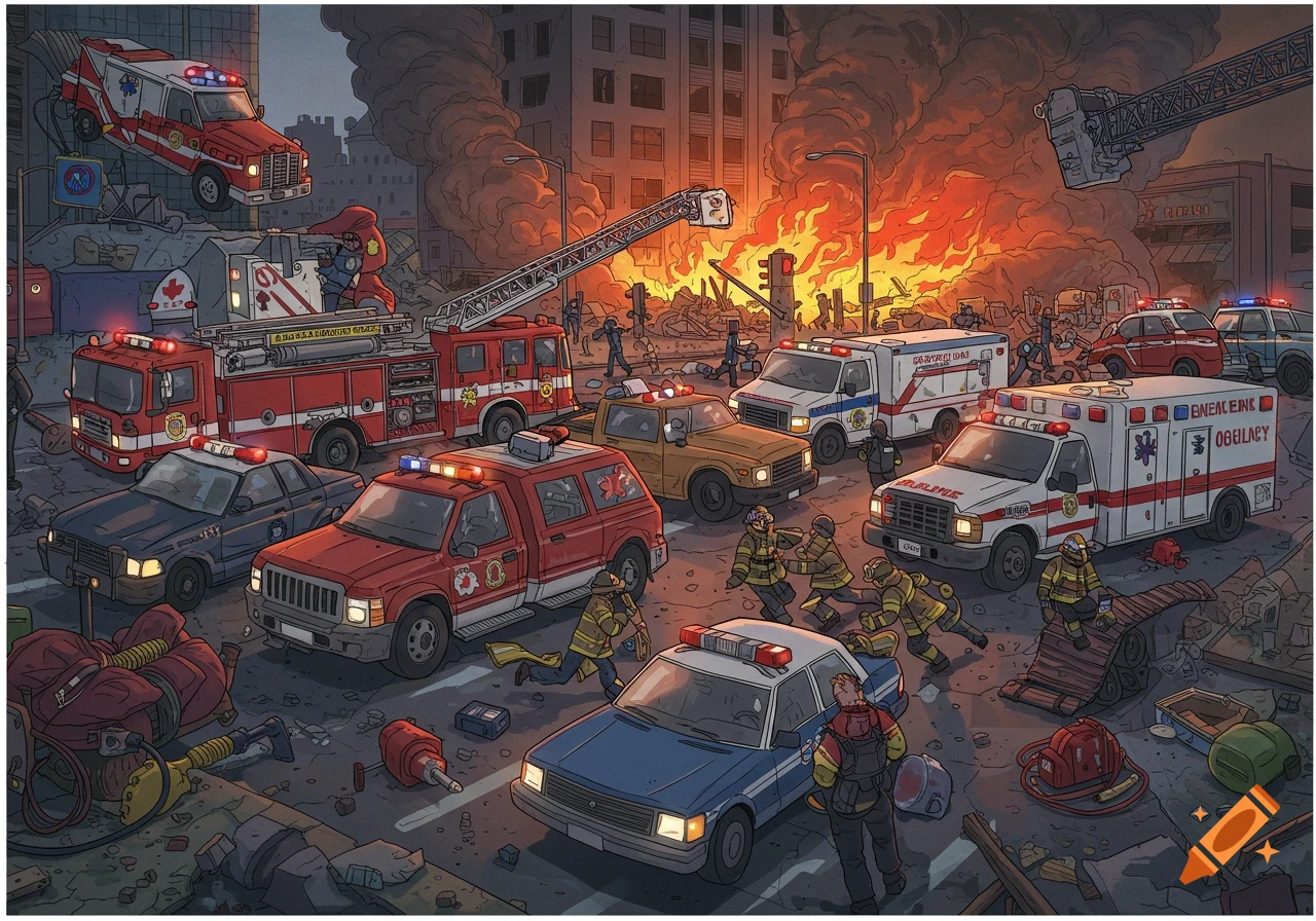 A chaotic scene of emergency vehicles like fire trucks, ambulances, and police cars responding to a large fire in a city street.