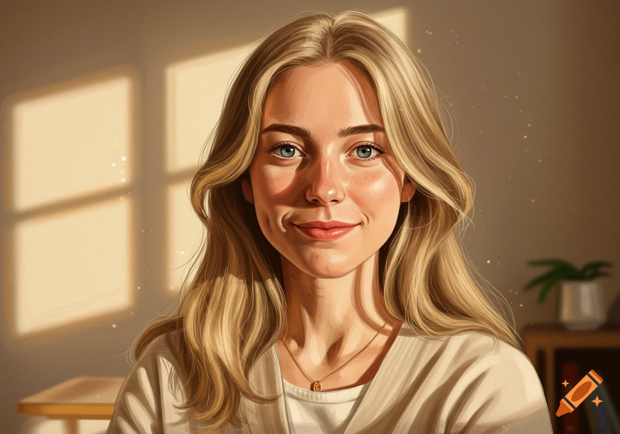 A portrait of a smiling young woman with long blonde hair in soft lighting.