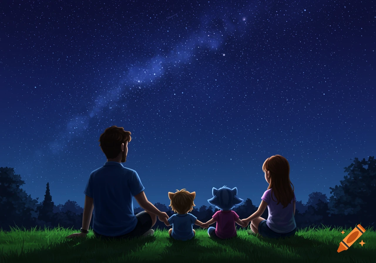 A family sits on grass at night, looking up at the starry sky and Milky Way.