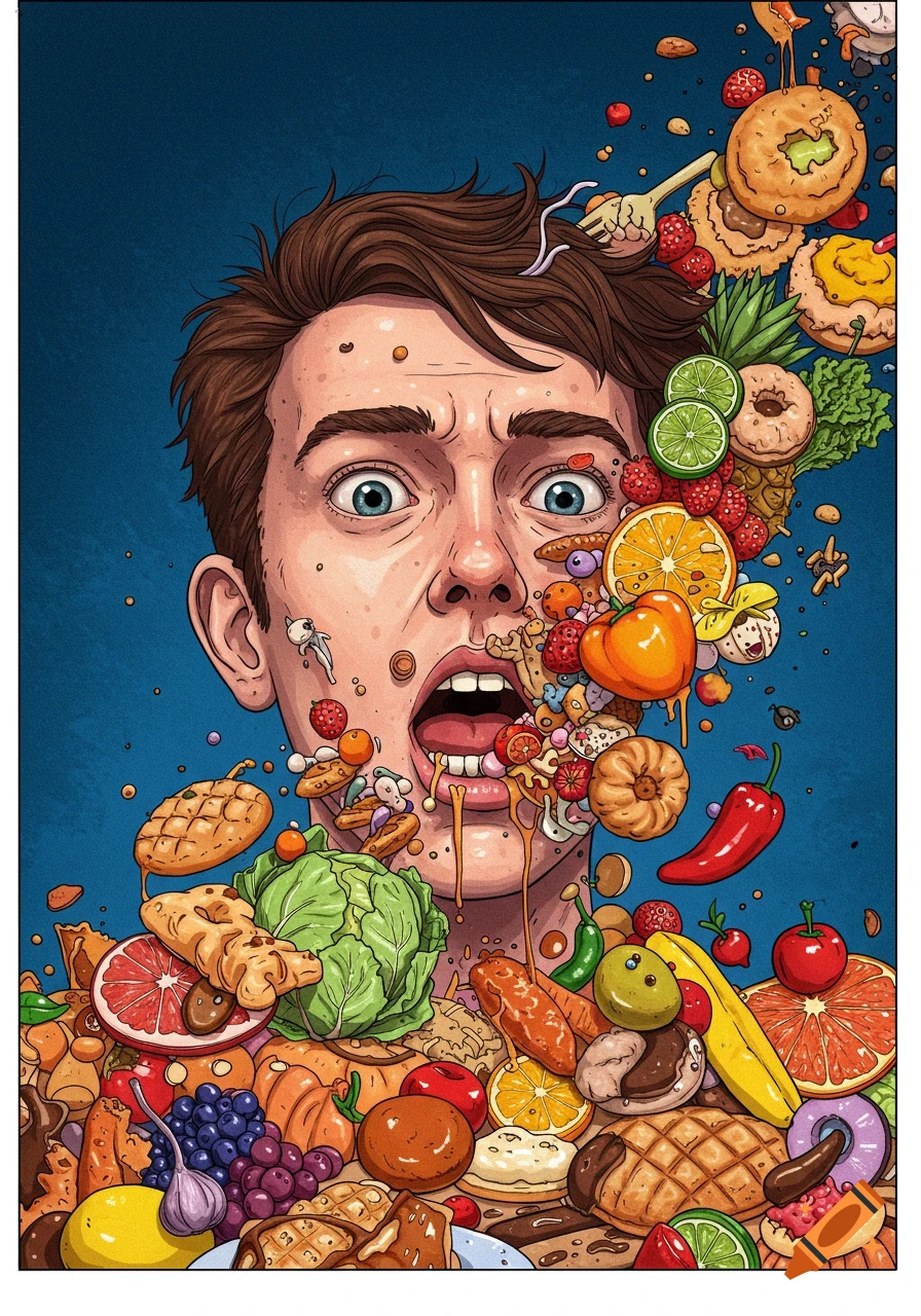 Illustration of a person overwhelmed by various foods spilling into their open mouth and face.