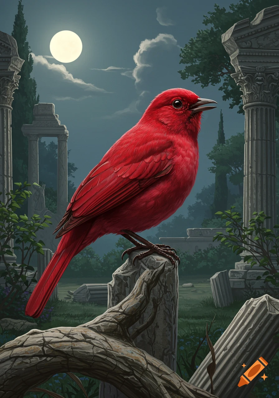 A bright red bird is perched on a rock in front of ancient ruins under a full moon.