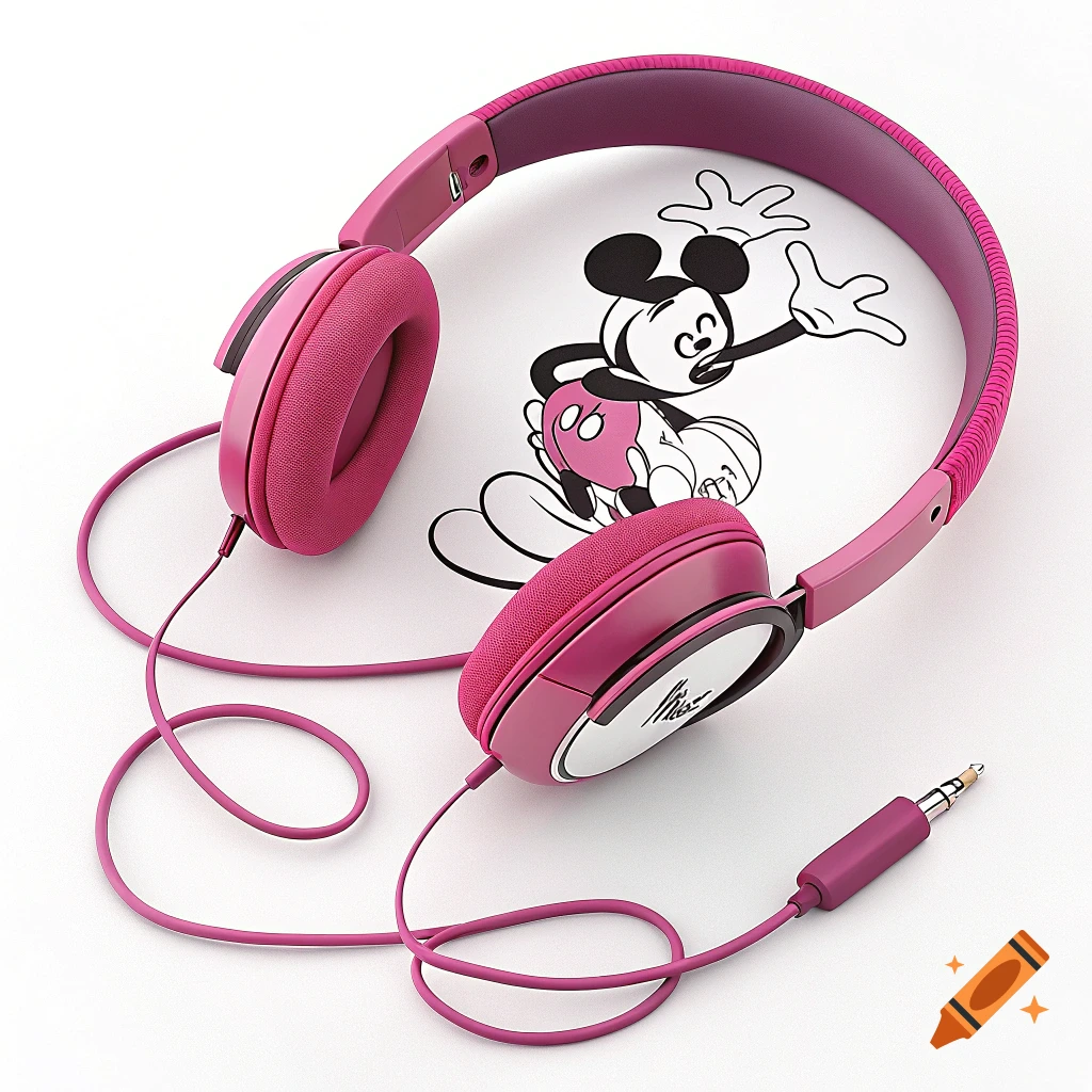 Pink headphones with a cord, a drawing of Mickey Mouse in the background on a white surface.